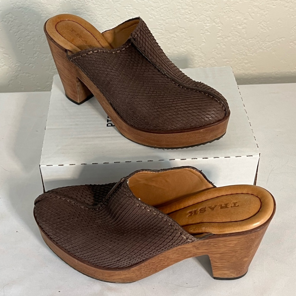 Trask Dark Brown Textured Leather Clog Mules with Wood Heel